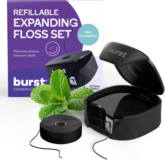 Refillable Dental Floss Dispenser Set - Mint Eucalyptus Scent - Charcoal Coated, Expanding Floss - Stain-Absorbing, Woven Tooth Floss - Black Case + 32 Yards Charcoal Floss